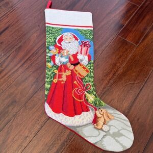 Vintage Needlepoint Christmas Stocking Santa Toys Tree Red Velvet Back 20"